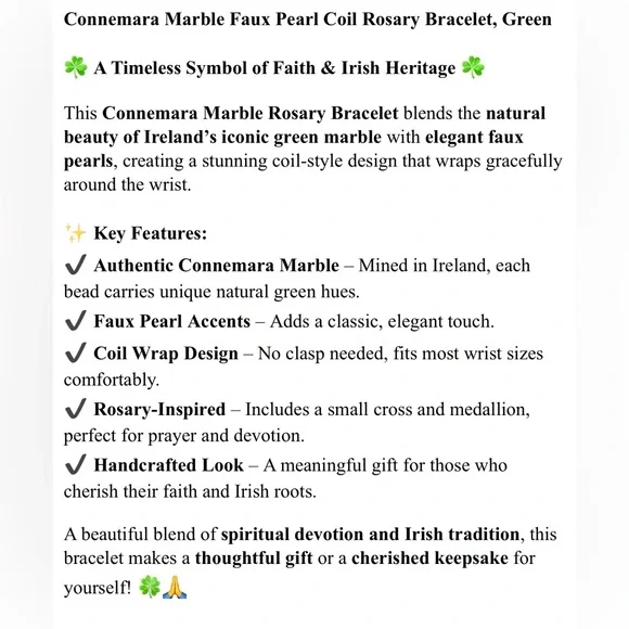 NWT Green Connemara Marble Faux Pearl Coil Rosary Bracelet, Made in Ireland, QVC - Picture 10 of 11